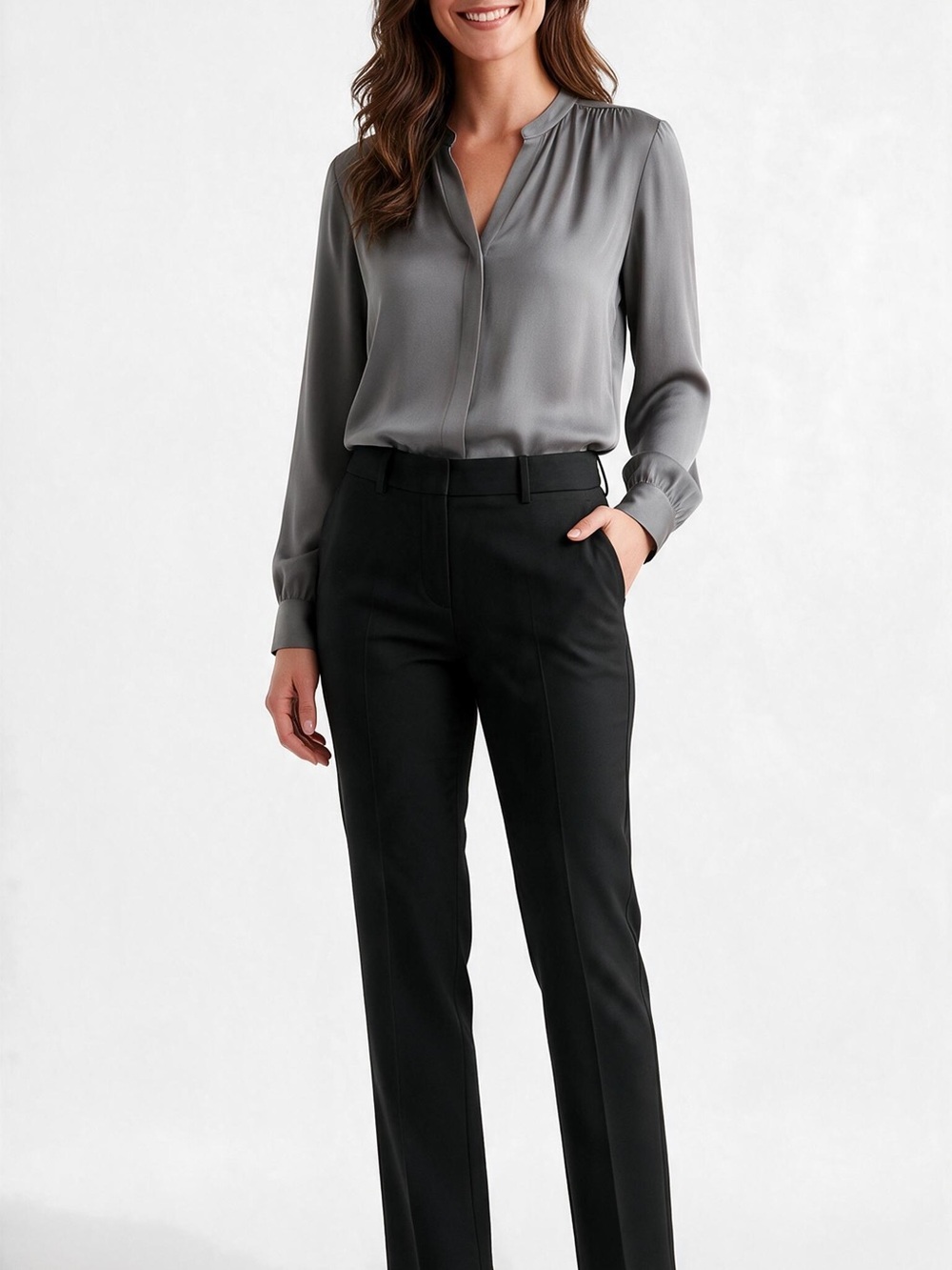 Hilary Radley Black Straight-Leg Dress Trousers, Front Seams Casual Class.